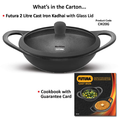 Futura Cast Iron Kadhai 2 Litre with Glass Lid (CIK20G)