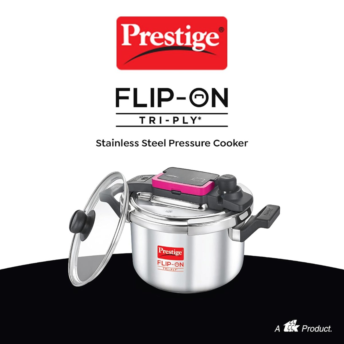 Prestige FLIP-ON TRI-PLY Stainless Steel 5L Pressure Cooker with Glass Lid