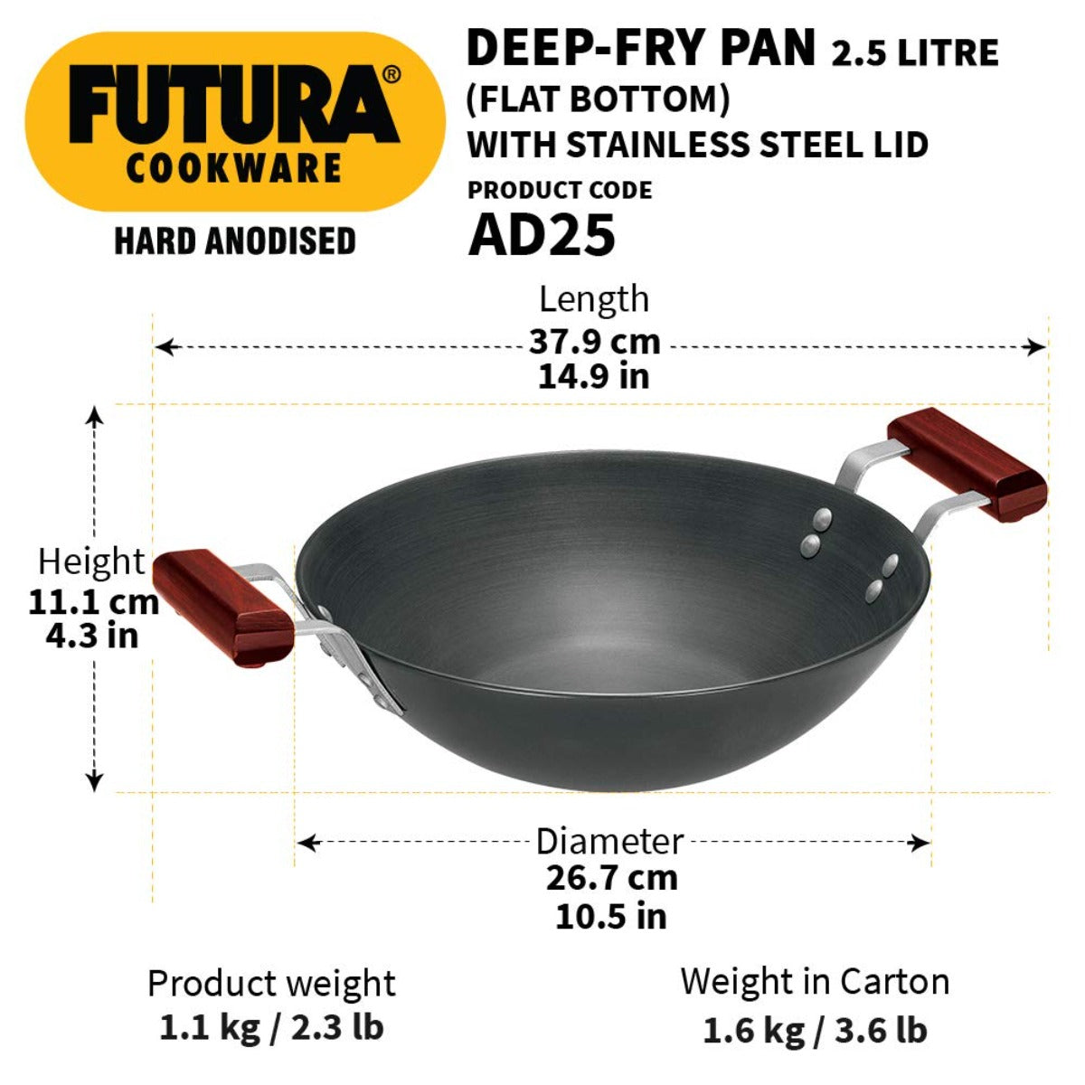 Futura Hard Anodised Deep Wok Pan Flat Bottom by Hawkins AD25