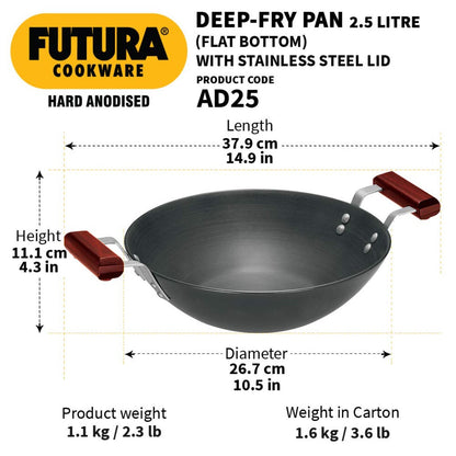 Futura Hard Anodised Deep Wok Pan Flat Bottom by Hawkins AD25