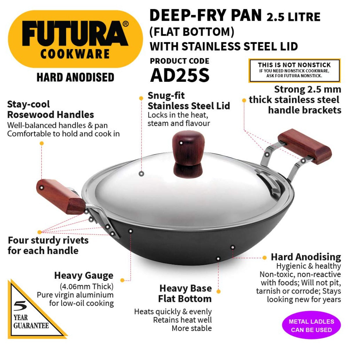 Futura Hard Anodised Deep Fry Pan Wok With Stainless Steel Lid by Hawkins AD25S