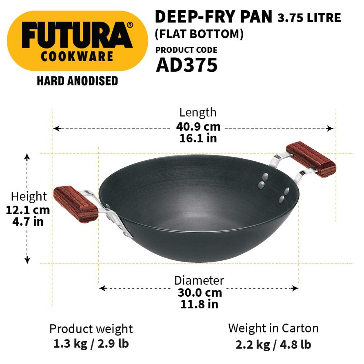 Futura Hard Anodised Deep Wok Pan Flat Bottom by Hawkins AD375