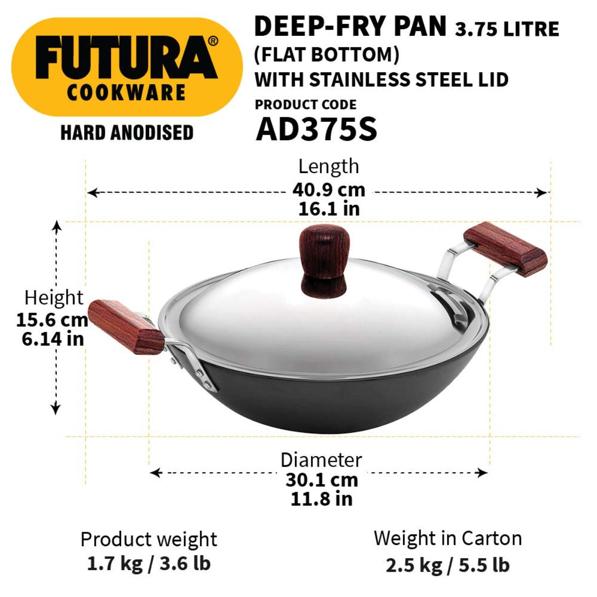 Futura Hard Anodised Deep Fry Pan Wok With Stainless Steel Lid by Hawkins AD375S