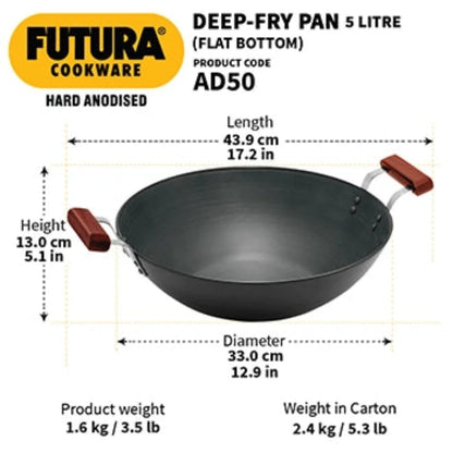 Futura Hard Anodised Deep Wok Pan Flat Bottom by Hawkins AD50