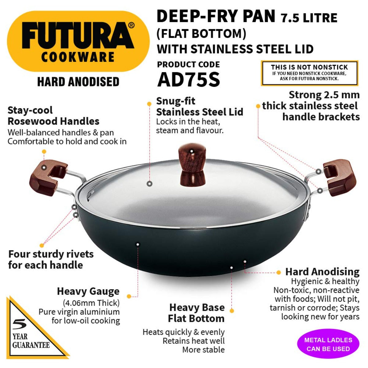 Futura Hard Anodised Deep Fry Pan Wok With Stainless Steel Lid by Hawkins AD75S