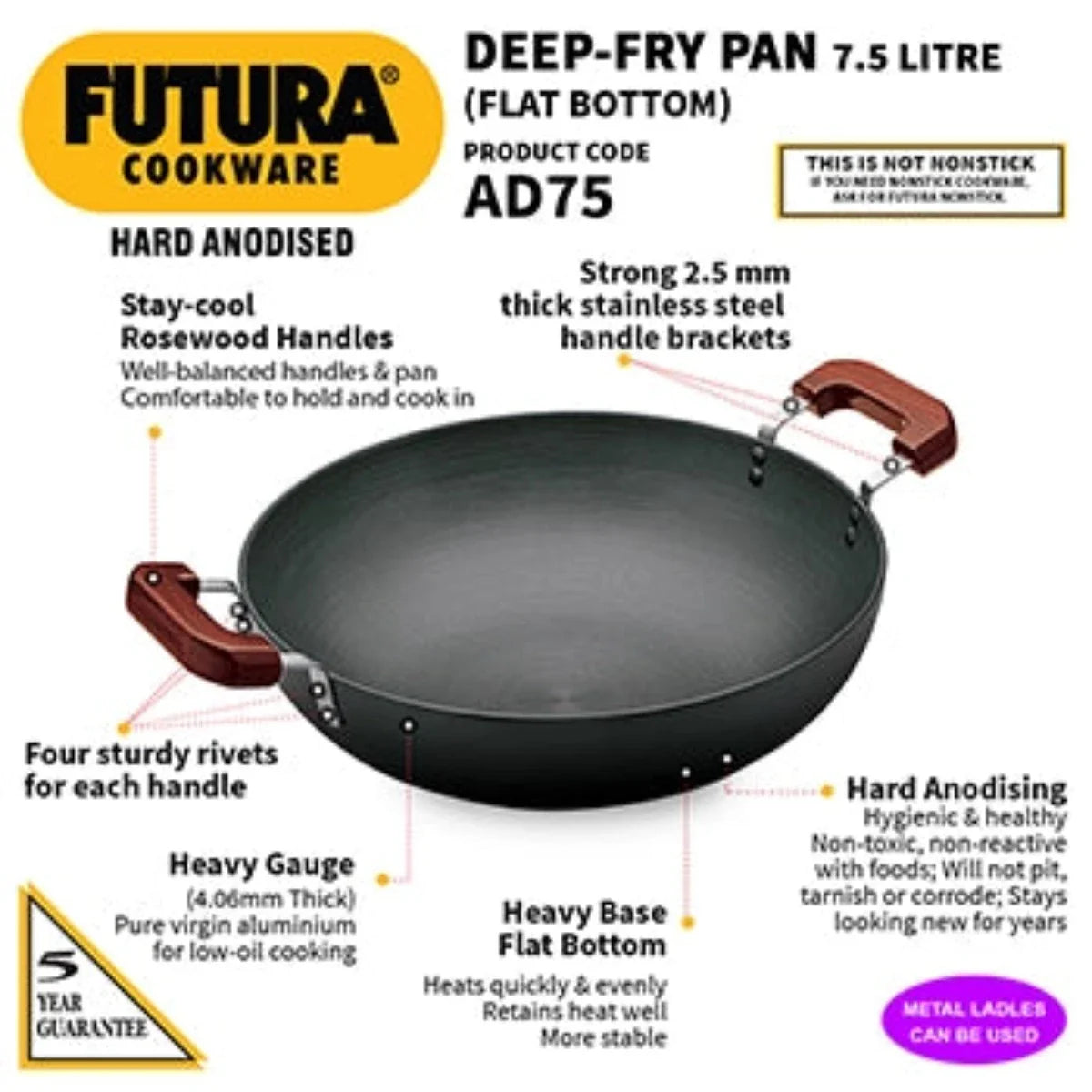 Futura Hard Anodised Deep Wok Pan Flat Bottom by Hawkins AD75