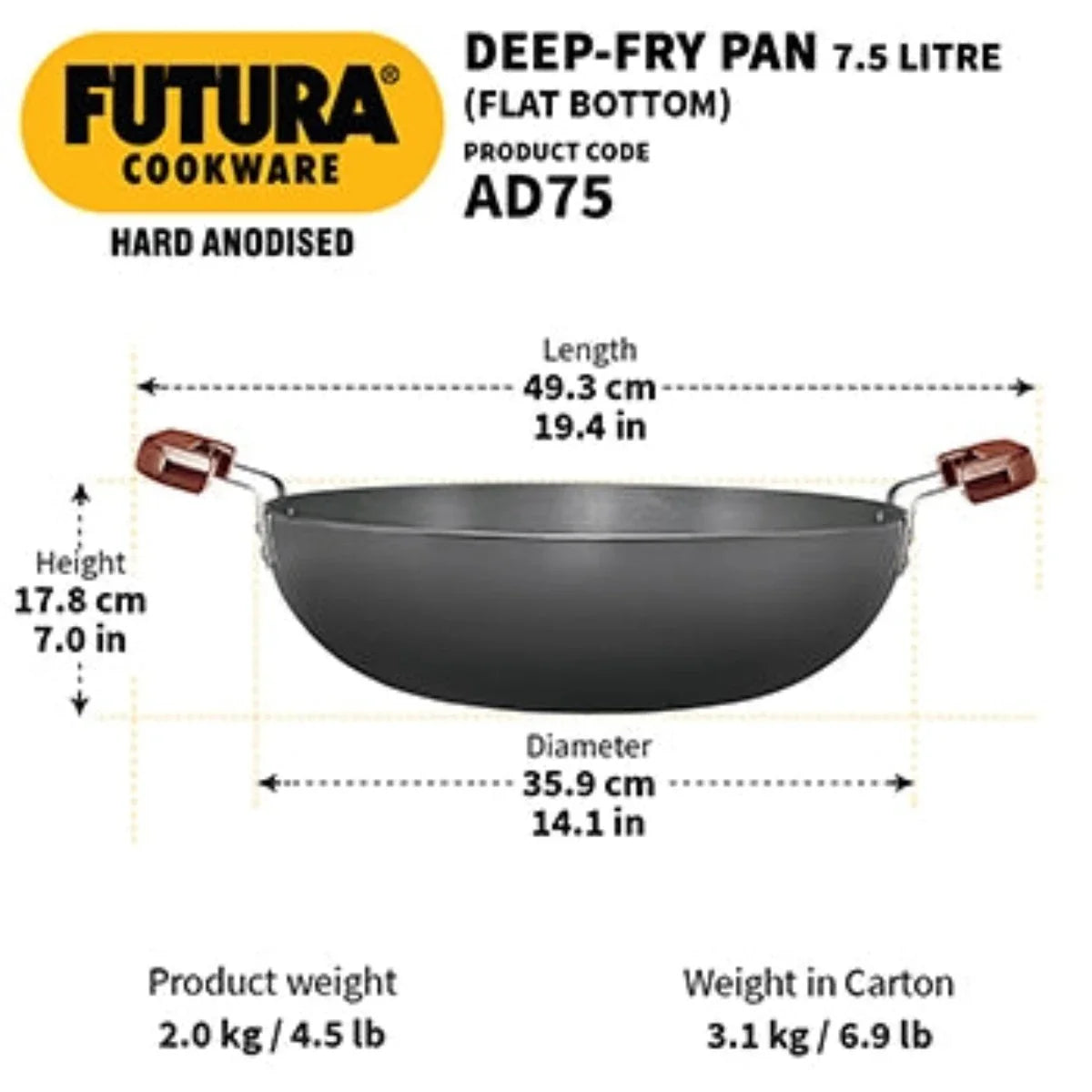 Futura Hard Anodised Deep Wok Pan Flat Bottom by Hawkins AD75