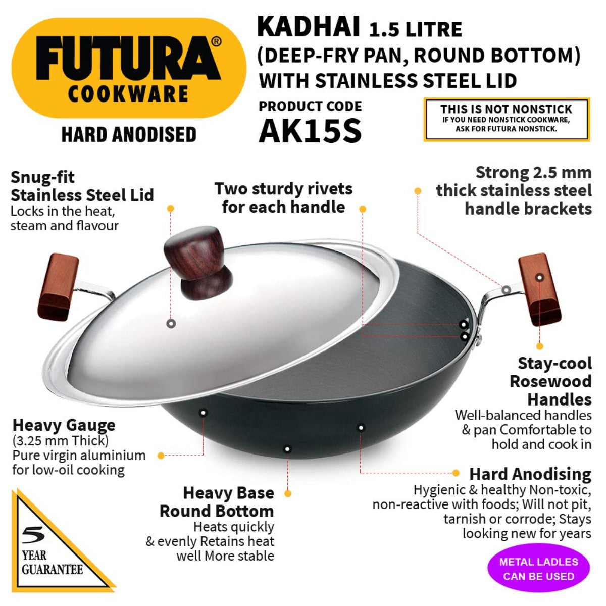 Futura Hard Anodised Deep Fry Pan Wok (Round Bottom) with Stainless Steel Lid by Hawkins AK15S