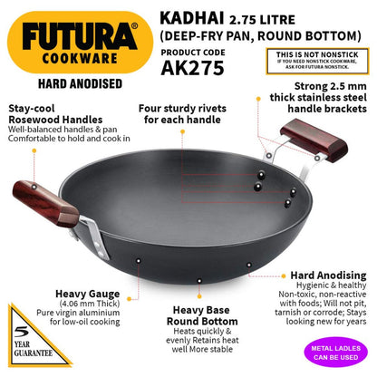 Futura Hard Anodised Deep Fry Wok Pan (Round Bottom) by Hawkins AK275