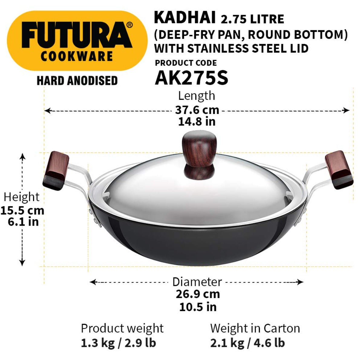 Futura Hard Anodised Deep Fry Pan Wok (Round Bottom) with Stainless Steel Lid by Hawkins AK275S