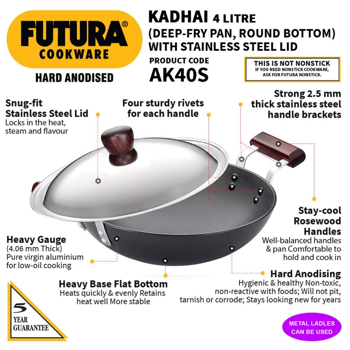 Futura Hard Anodised Deep Fry Pan Wok (Round Bottom) with Stainless Steel Lid by Hawkins AK40S