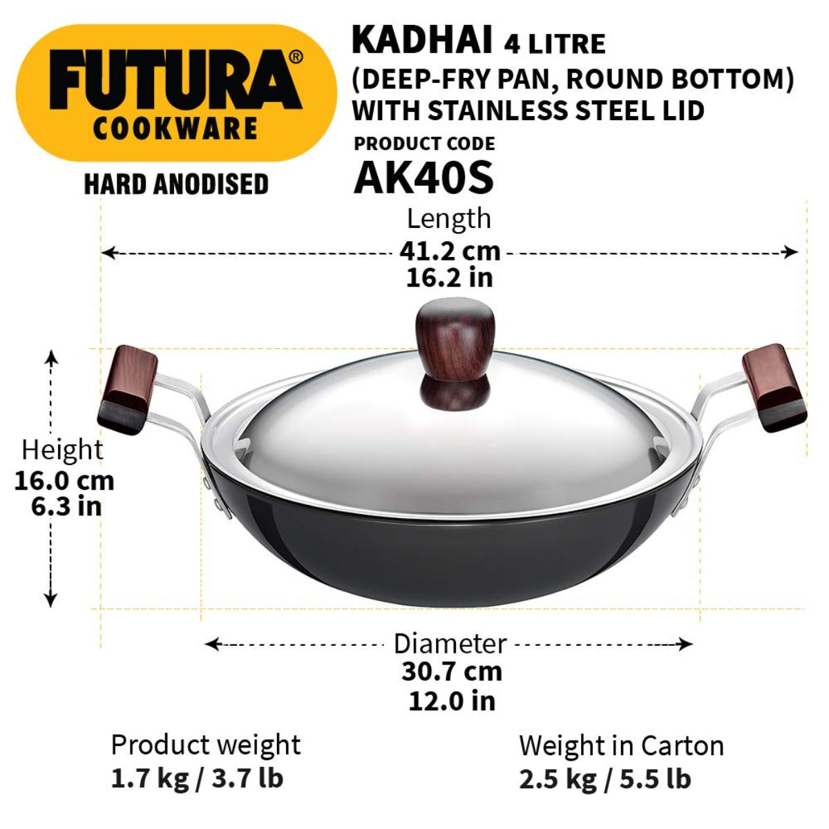 Futura Hard Anodised Deep Fry Pan Wok (Round Bottom) with Stainless Steel Lid by Hawkins