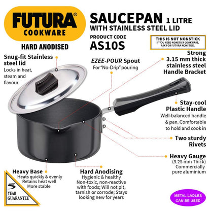 Futura Hard Anodised Ezee-pour Saucepan with SS Lid AS10S By Hawkins