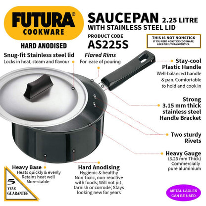 Futura Hard Anodised Ezee-pour Saucepan with SS Lid AS225S By Hawkins