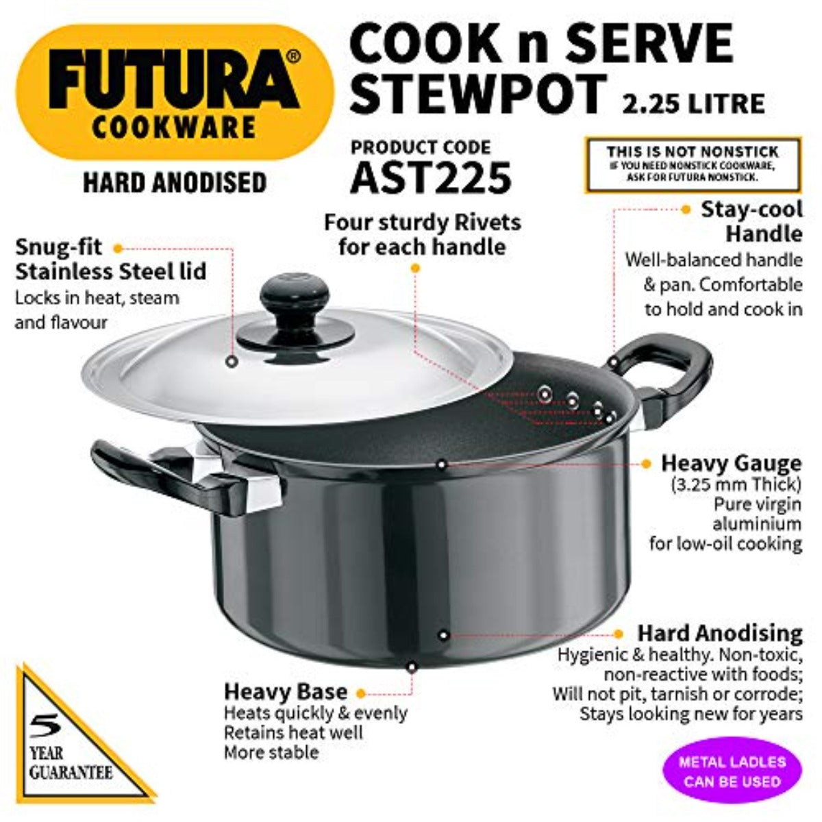 Futura Hard Anodised Cook-n-Serve Stewpot With Stainless Steel Lid(AST225)