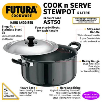 Futura Hard Anodised Cook-n-Serve Stewpot With Stainless Steel Lid(AST50)