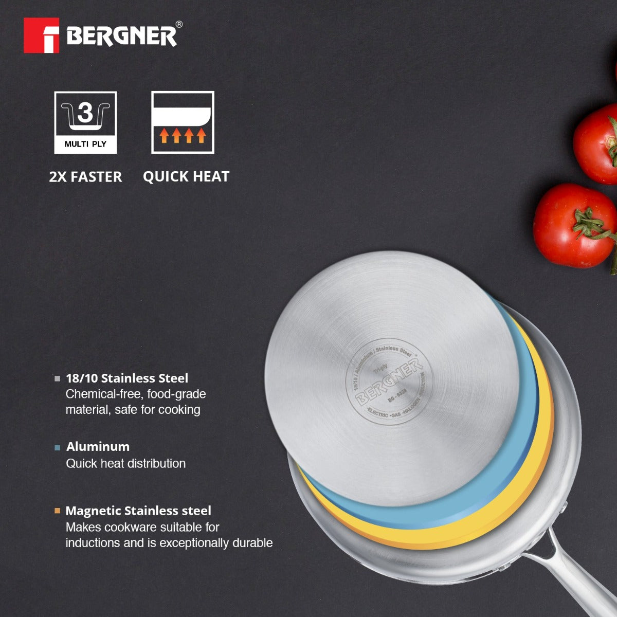 Bergner Argent Triply Stainless Steel Saucepan