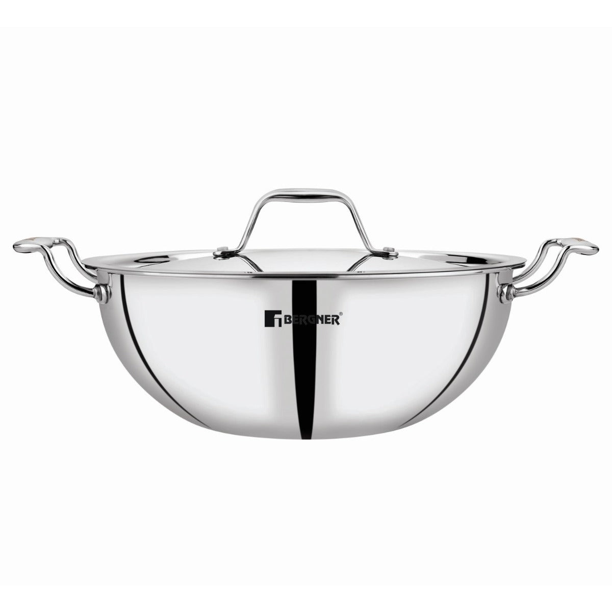 Bergner Argent Tri-Ply Stainless Steel Deep Kadhai with SS Lid