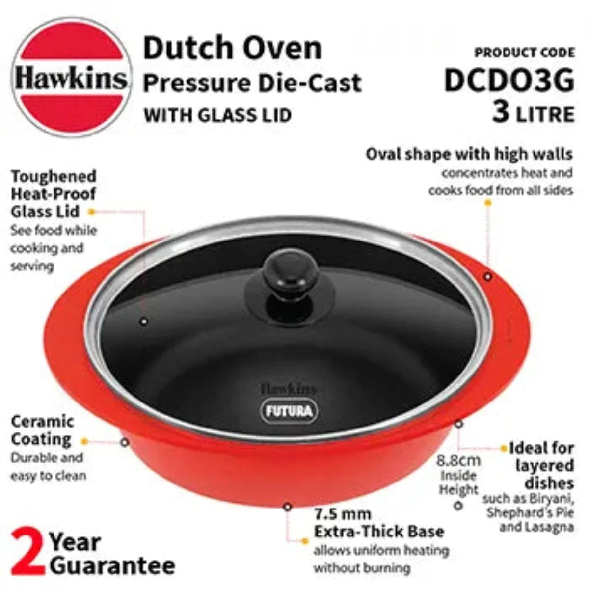 Hawkins 3 Litre Dutch Oven with Glass Lid, Red (DCDO3G)