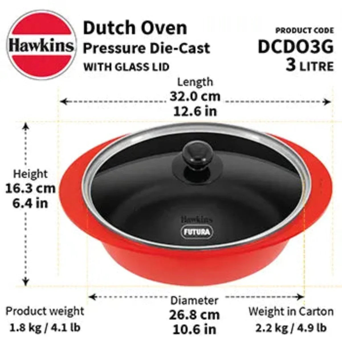 Hawkins 3 Litre Dutch Oven with Glass Lid, Red (DCDO3G)