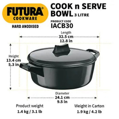 Futura Hard Anodised 3 Ltr Cook n Serve Bowl Induction Base by Hawkins(IACB30)