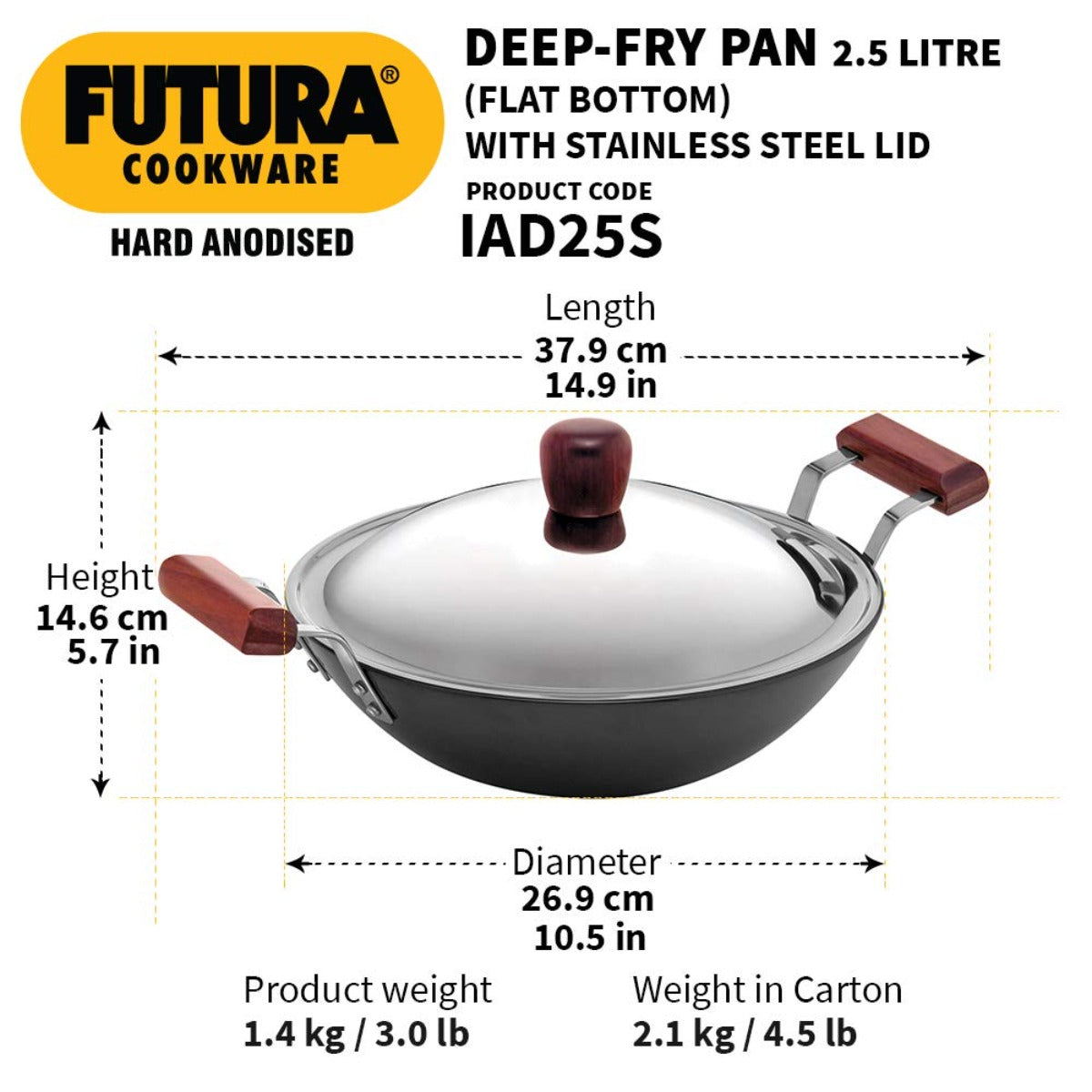 Futura Hard Anodised Induction Friendly Deep Fry Pan/Wok With SS Lid (IAD25S)