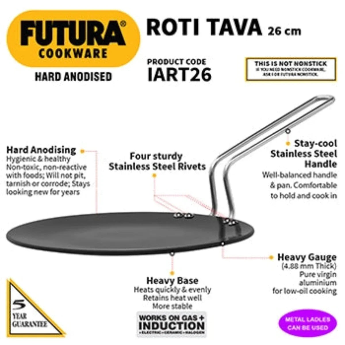 Futura Hard Anodised Roti Tava 26cm 4.88 mm Induction Base By Hawkins IART26