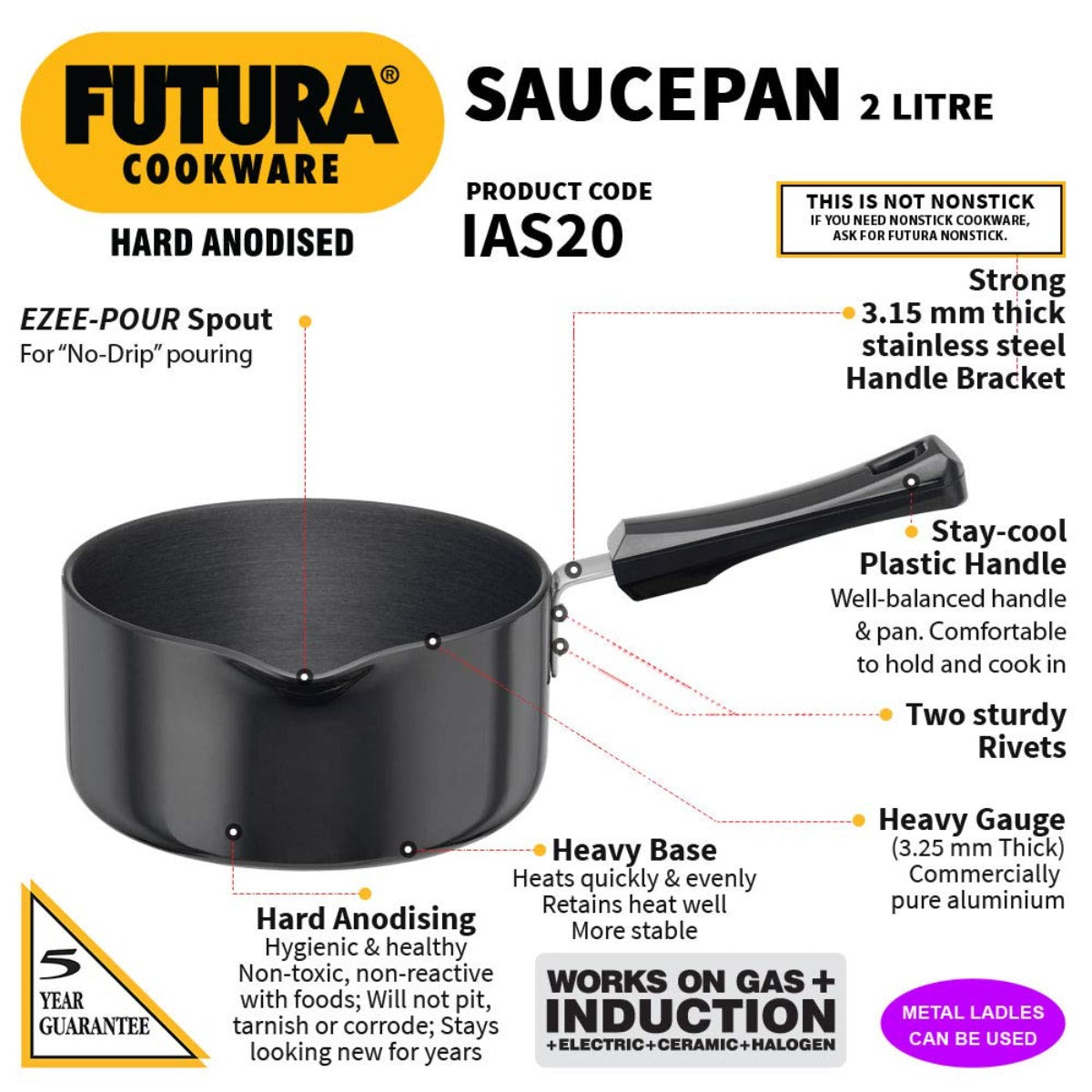 Futura Hard Anodised Induction Friendly Ezee-pour Saucepan Without Lid (IAS20) By Hawkins