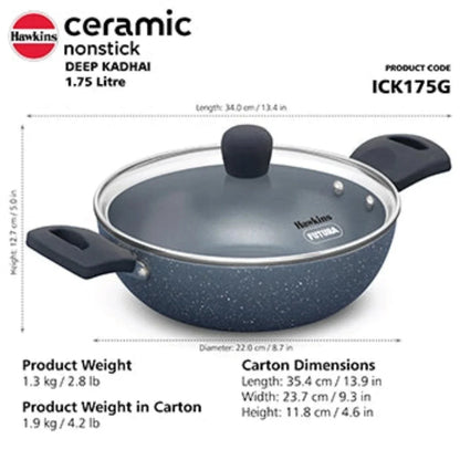 Hawkins Ceramic Nonstick Deep Kadhai with Glass Lid | Induction Compatible