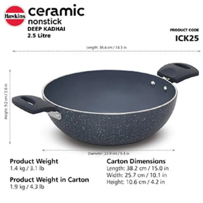 Hawkins Ceramic Nonstick Deep Kadhai with Glass Lid | Induction Compatible