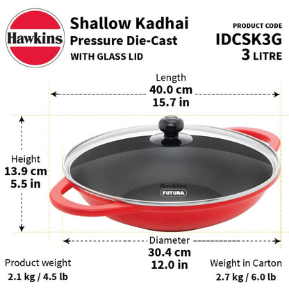 Hawkins Die Cast Non Stick 3 Ltr Shallow Kadhai/WokWith Glass Lid (IDCSK3G)