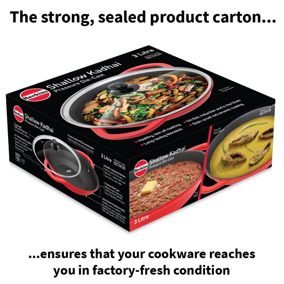 Hawkins Die Cast Non Stick 3 Ltr Shallow Kadhai/WokWith Glass Lid (IDCSK3G)