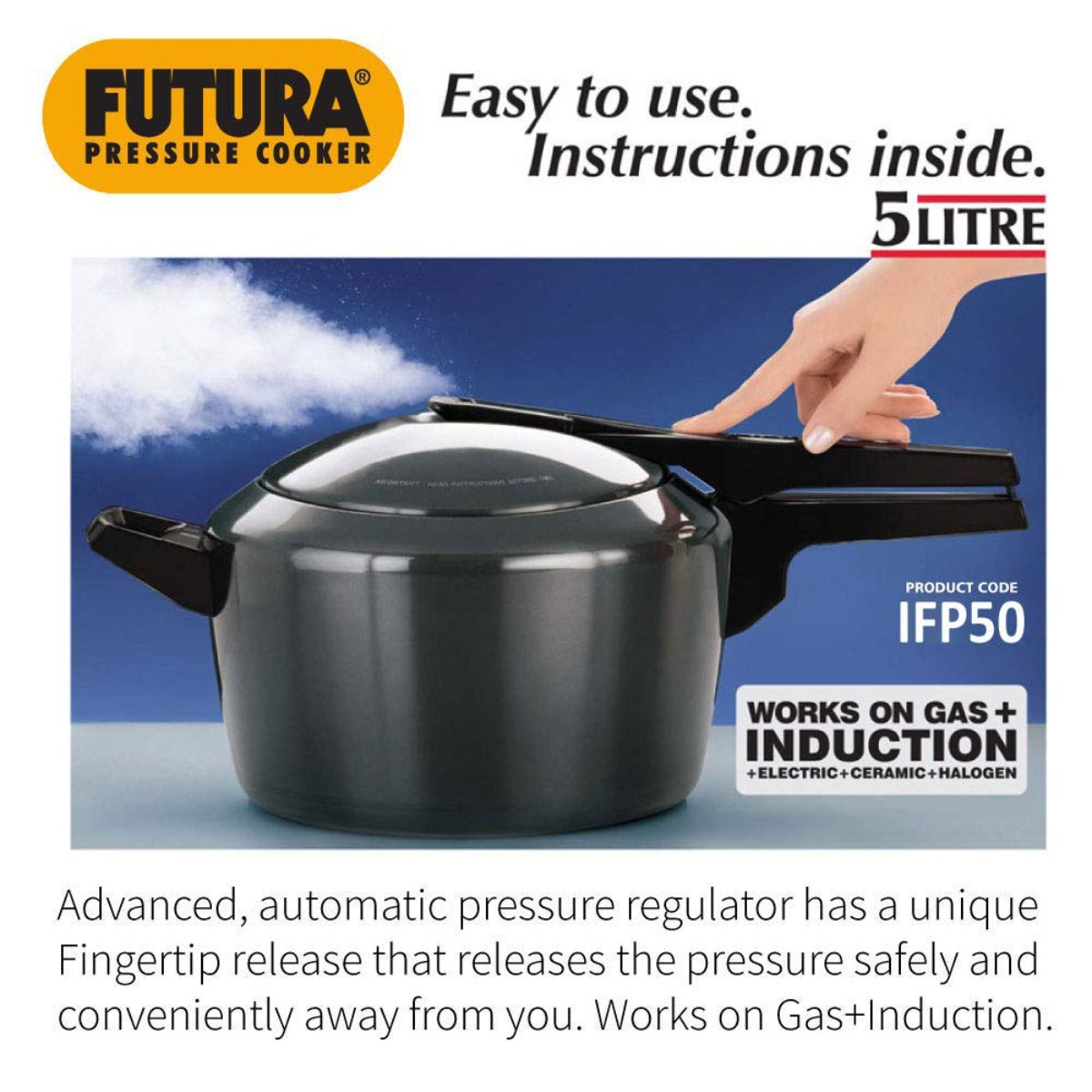 Futura 5 Ltr Hard Anodised Induction Base Pressure Cooker IFP50 By Hawkins