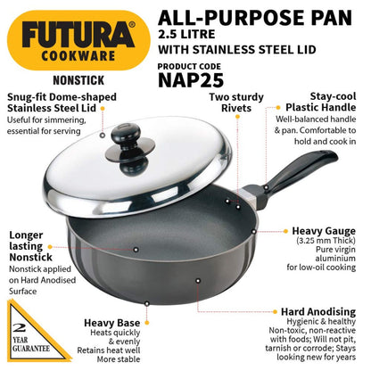 Futura Nonstick All Purpose Pan 2.5 Ltr With Lid By Hawkins NAP25