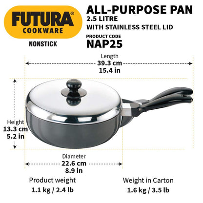 Futura Nonstick All Purpose Pan 2.5 Ltr With Lid By Hawkins NAP25