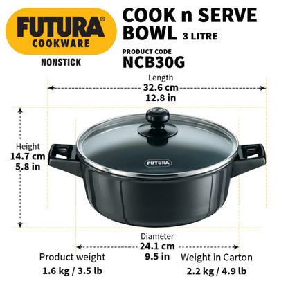 Futura Nonstick 3 Ltr Cook n Serve Bowl With Glass Lid By Hawkins NCB30G