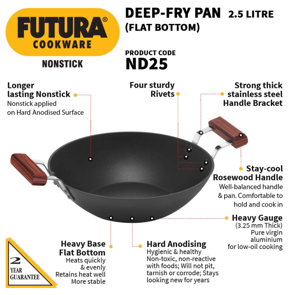 Futura Nonstick 2.5 Ltr Deep Fry Wok Pan (Flat Bottom) by Hawkins ND25