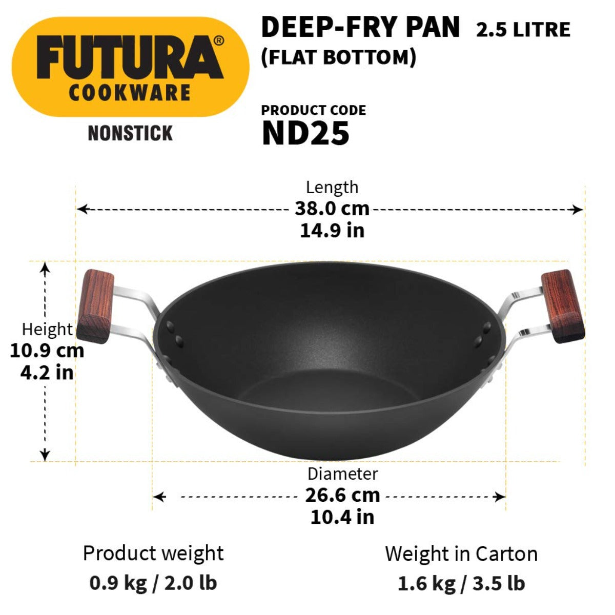 Futura Nonstick 2.5 Ltr Deep Fry Wok Pan (Flat Bottom) by Hawkins ND25