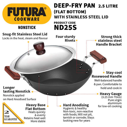 Futura Nonstick 2.5 Ltr Deep Fry Wok Pan (Flat Bottom) by Hawkins ND25S