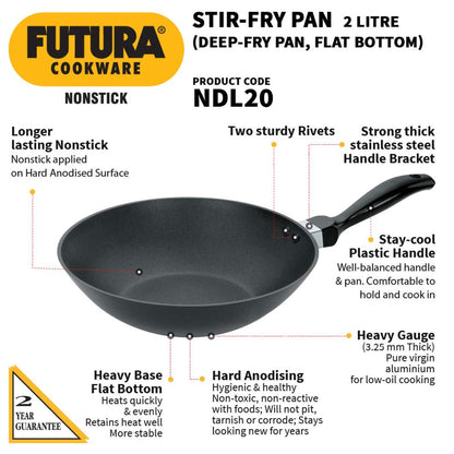 Futura Nonstick 2 Ltr Deep Fry Pan Wok (Flat Bottom, Long Handle) by Hawkins NDL20