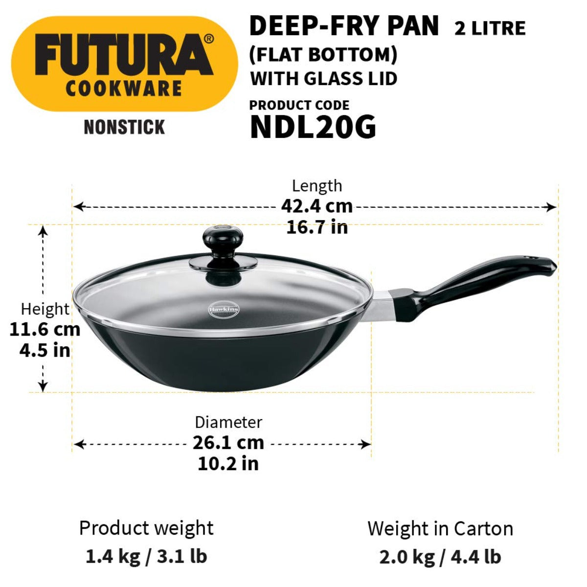 Futura Nonstick 2 Ltr Deep Fry Pan Wok (Flat Bottom, Long Handle) by Hawkins NDL20G