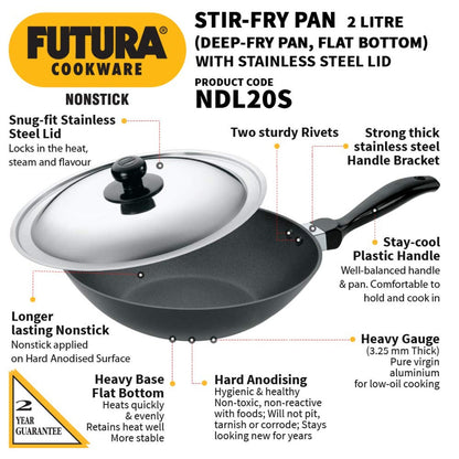 Futura Nonstick 2 Ltr Deep Fry Pan Wok (Flat Bottom, Long Handle) by Hawkins NDL20S