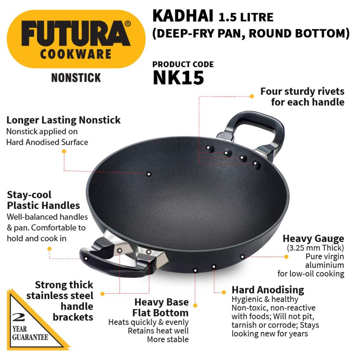 Futura Nonstick Deep Wok Pan Kadhai (Round Bottom) by Hawkins NK15