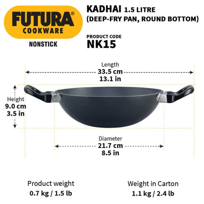 Futura Nonstick Deep Wok Pan Kadhai (Round Bottom) by Hawkins NK15