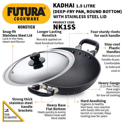 Futura Nonstick Deep Wok Pan (Round Bottom) With SS Lid by Hawkins NK15S