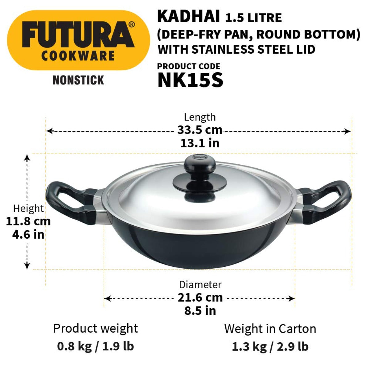 Futura Nonstick Deep Wok Pan (Round Bottom) With SS Lid by Hawkins NK15S