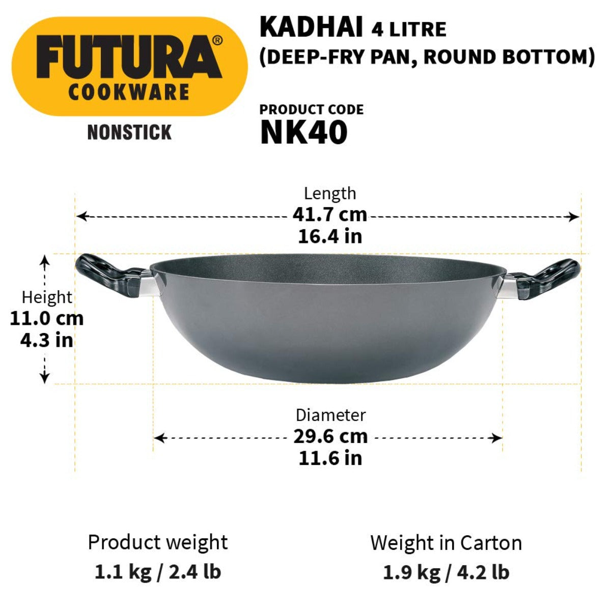 Futura Nonstick Deep Wok Pan Kadhai (Round Bottom) by Hawkins NK40