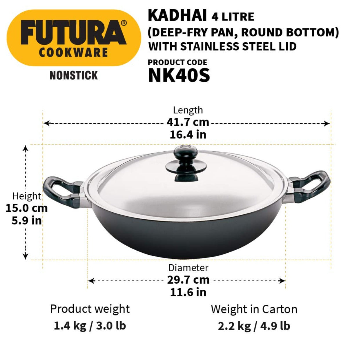 Futura Nonstick Deep Wok Pan (Round Bottom) With SS Lid by Hawkins NK40S