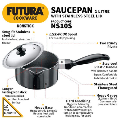 Futura Nonstick 1 Ltr Saucepan With Stainless Steel Lid By Hawkins NS10S