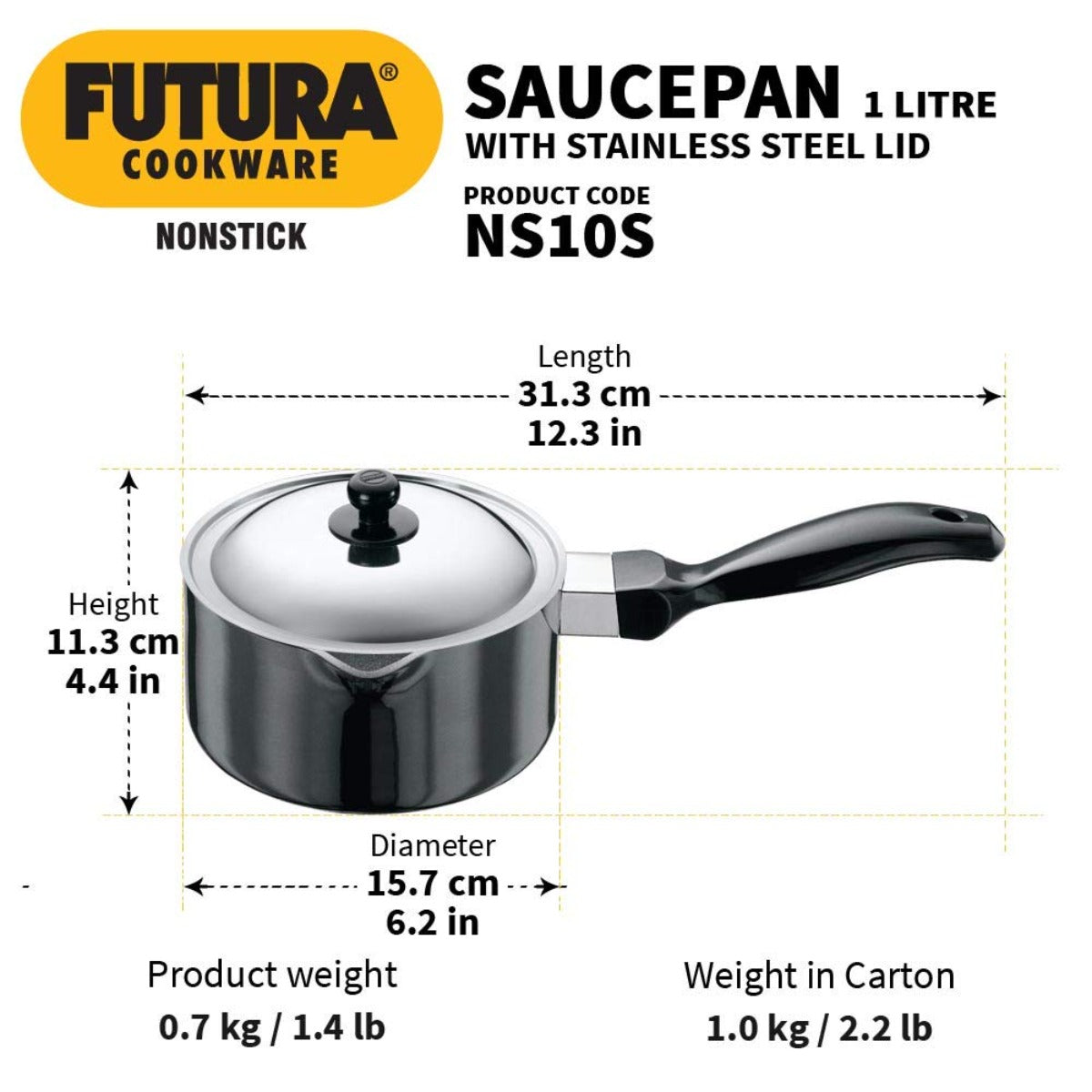 Futura Nonstick 1 Ltr Saucepan with Stainless Steel Lid By Hawkins